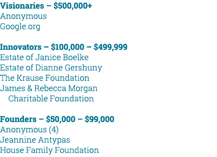 Visionaries – $500,000+ Anonymous Google.org Innovators – $100,000 – $499,999 Estate of Janice Boelke Estate of Diann...