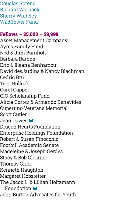 Douglas Spreng Richard Warnock Sherry Whiteley Wildflower Fund Fellows – $5,000 – $9,999 Asset Management Company Ayr...