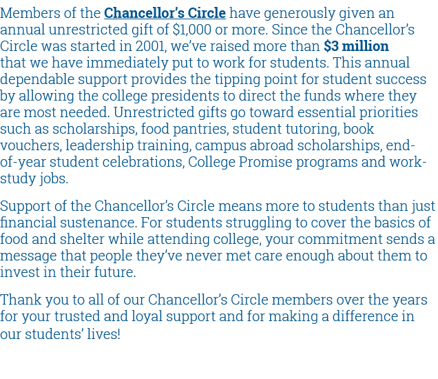 Members of the Chancellor’s Circle have generously given an annual unrestricted gift of $1,000 or more. Since the Cha...