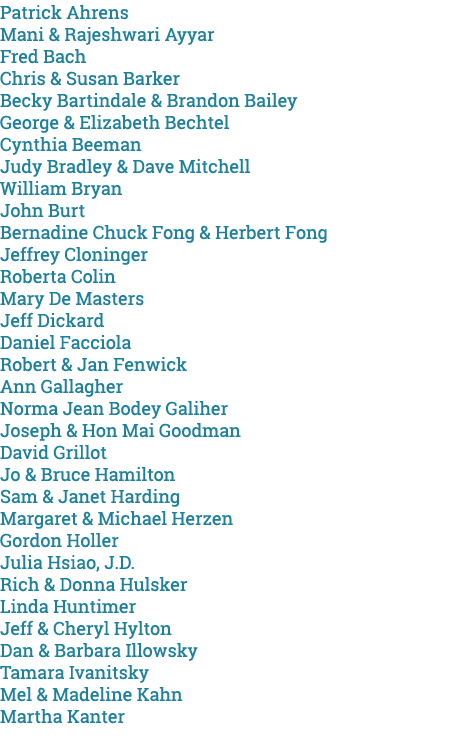 Patrick Ahrens Mani & Rajeshwari Ayyar Fred Bach Chris & Susan Barker Becky Bartindale & Brandon Bailey George & Eliz...