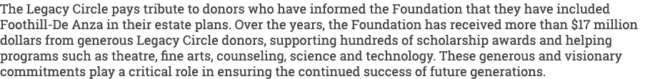 The Legacy Circle pays tribute to donors who have informed the Foundation that they have included Foothill De Anza in...