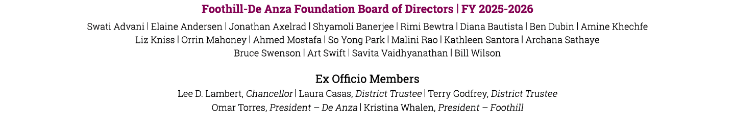 Foothill De Anza Foundation Board of Directors | FY 2025 2026 Swati Advani | Elaine Andersen | Jonathan Axelrad | Shy...