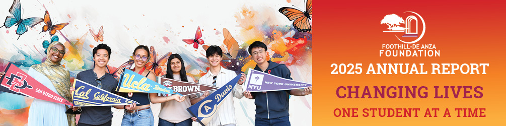 Picture of five students holding various college flags