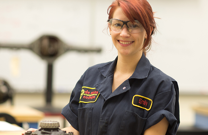 Emily Lowdermilk pictured in class at De Anza's auto technology program.