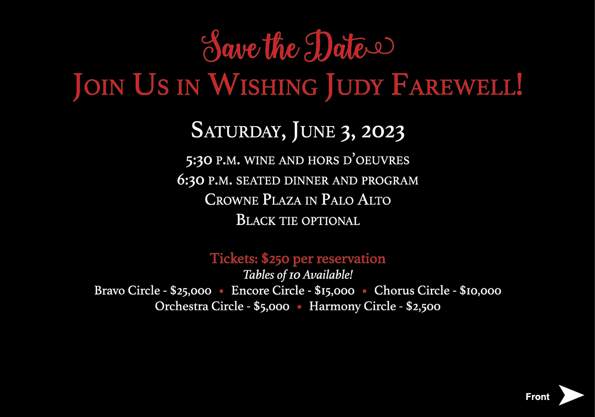  Save the Date Join Us in Wishing Judy Farewell! Saturday, June 3, 2023 5:30 p.m. wine and hors d’oeuvres 6:30 p.m. s...